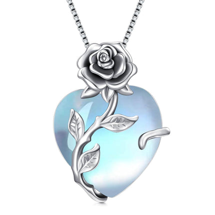 925 Sterling Silver Crystal Rose Flower Heart Pendant Necklace