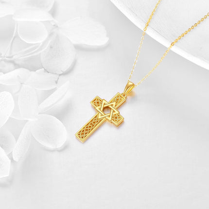 14K Gold Star of David Celtic Knot Cross Pendant Necklace Religious  for Men & Women