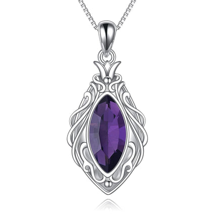 925 Sterling Silver Marquise Cut Amethyst and Crystal Pendant Necklace