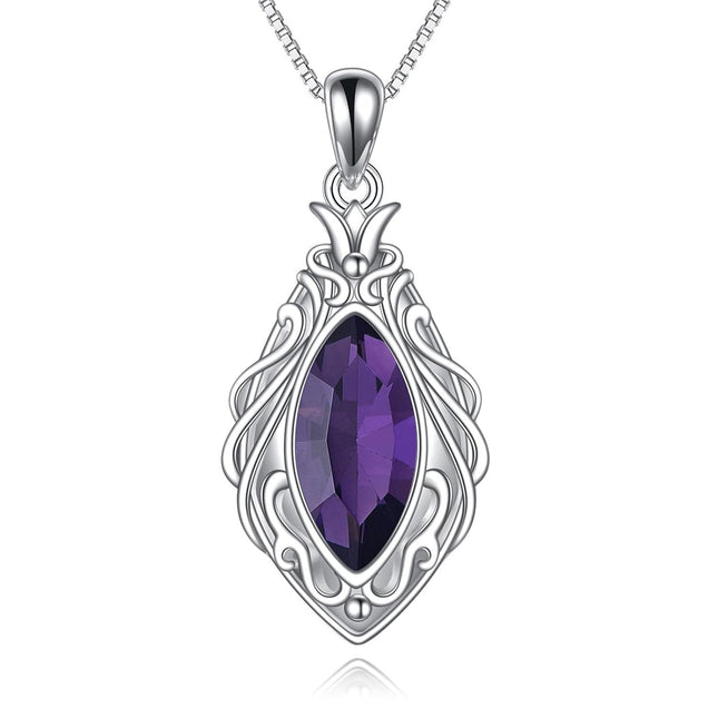 925 Sterling Silver Marquise Cut Amethyst and Crystal Pendant Necklace