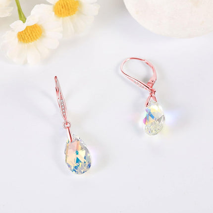 925 Sterling Silver Teardrop Purple Blue Aurora Borealis Crystals Leverback Earrings