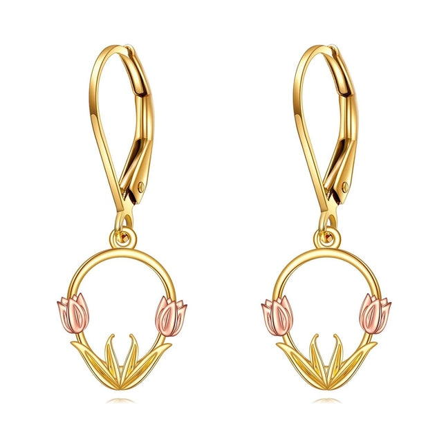 14K Gold Tulip Flower Leverback Earrings for Women