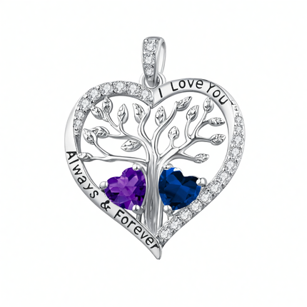 S925 Sterling Silver White Gold Plated 1Ct Amethyst & 1Ct Sapphire Tree of Life Heart Pendant Necklace for Women