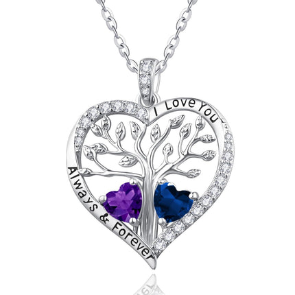 S925 Sterling Silver White Gold Plated 1Ct Amethyst & 1Ct Sapphire Tree of Life Heart Pendant Necklace for Women