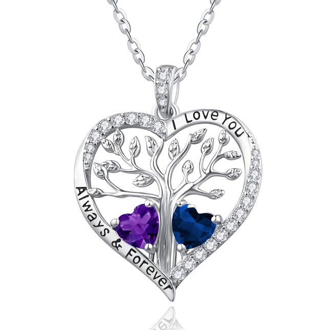 S925 Sterling Silver White Gold Plated 1Ct Amethyst & 1Ct Sapphire Tree of Life Heart Pendant Necklace for Women