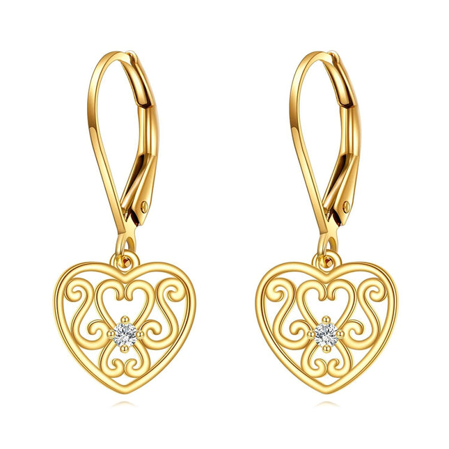 14K Gold Filigree Heart Shape Dangle Drop Leverback Earrings for Women