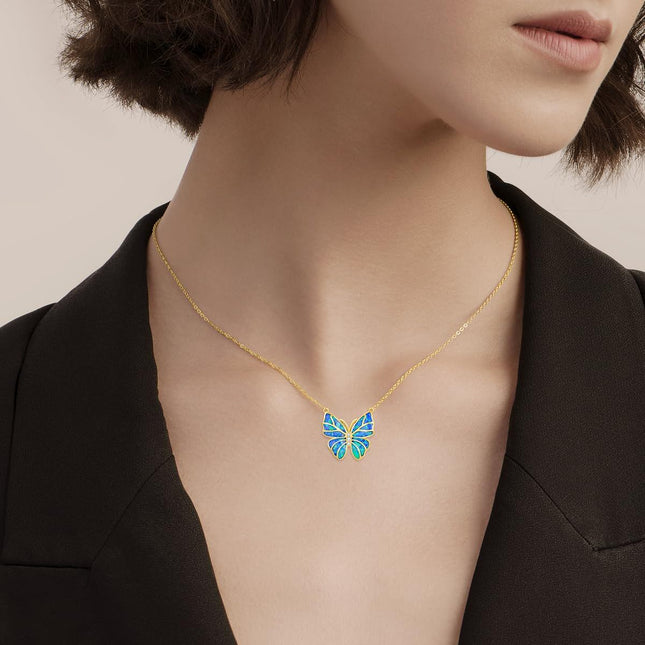 14K Gold Blue Opal Butterfly Pendant Necklaces for Women Minimalist s