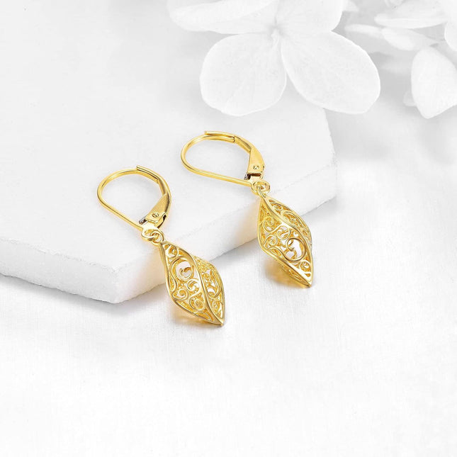 14k Solid Gold Filigree Drop Earrings for Women Leverback Fine Jewelry Birthday Gifts for Her