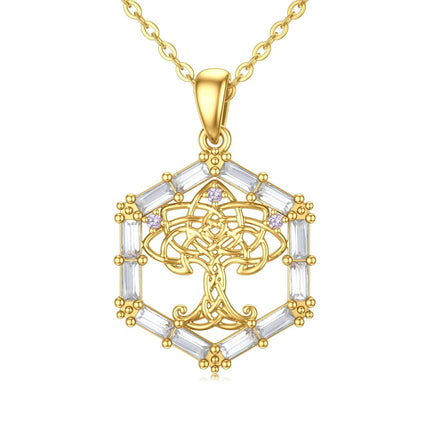 14K Gold White Cubic Zirconia Tree Of Life Pendant Necklace For Women