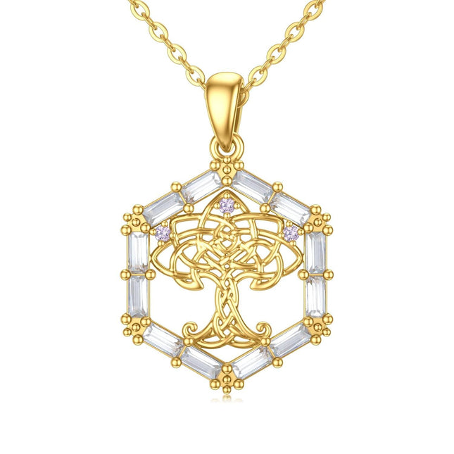14K Gold White Cubic Zirconia Tree Of Life Pendant Necklace For Women