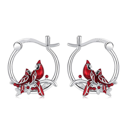 925 Sterling Silver Cardinal Bird Red Enamel Branches Huggie Hoop Earrings