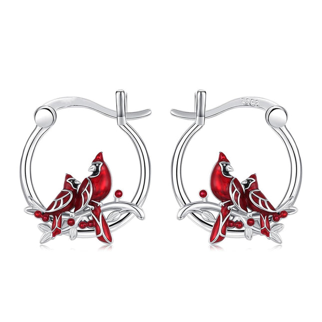 925 Sterling Silver Cardinal Bird Red Enamel Branches Huggie Hoop Earrings