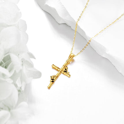14K Gold Cross with Ladybugs and Crystal Accents Pendant Necklace for Women