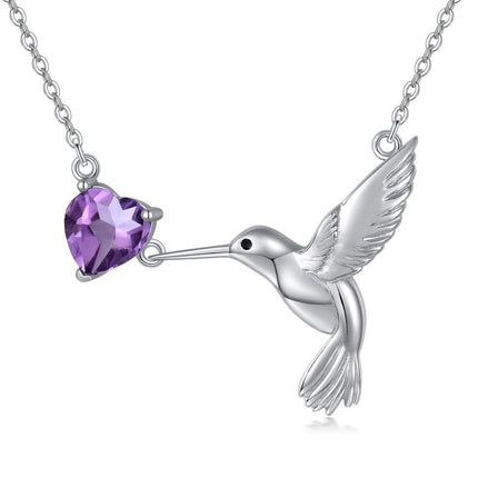 925 Sterling Silver Purple Amethyst Hummingbird Pendant Necklace for Women