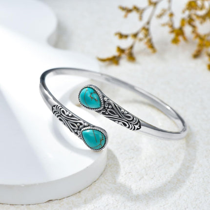 925 Sterling Silver Turquoise Gemstone Carved Adjustable Bohemian Cuff Bracelet