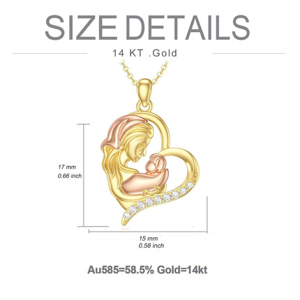 14K Gold Mother and Child Pendant Necklace with Cubic Zirconia - Gift for Mom/Wife/Grandma (18 Inches)