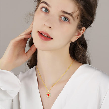 14K Gold Red Crystal Heart Pendant Necklace for Women - Valentine's Day s