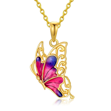 14K Gold Purple & Pink Enamel Butterfly Pendant Necklace for Women