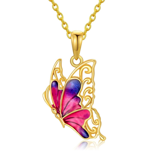 14K Gold Purple & Pink Enamel Butterfly Pendant Necklace for Women
