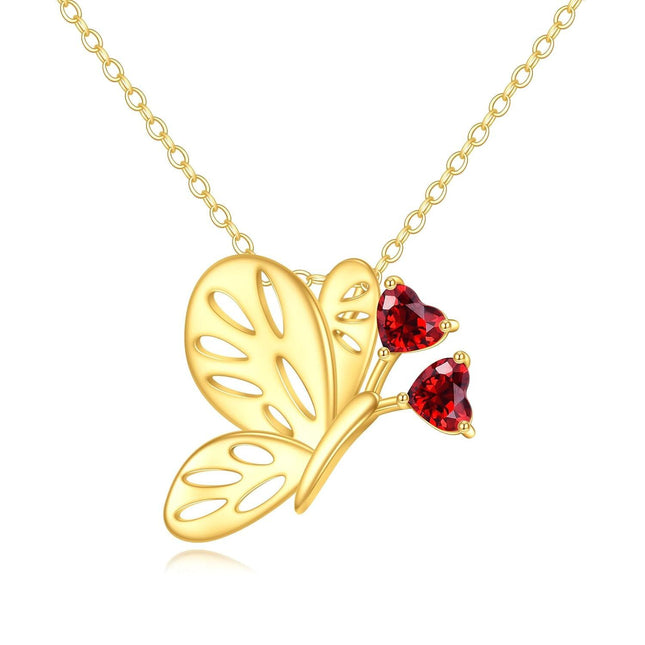14K Gold Red Crystal Butterfly Pendant Necklace for Women