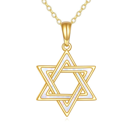 14K Yellow Gold White Opal Star of David Necklace Pendant  for Women
