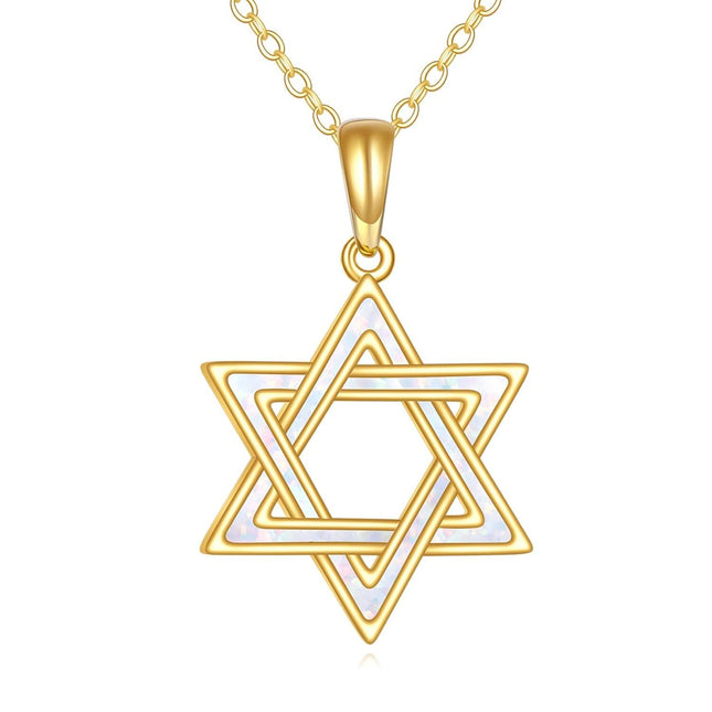 14K Yellow Gold White Opal Star of David Necklace Pendant  for Women