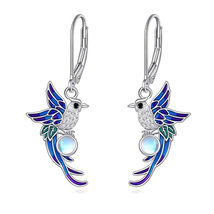 925 Sterling Silver Moonstone Hummingbird Leverback Drop Earrings