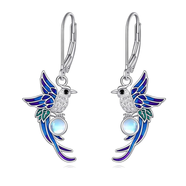 925 Sterling Silver Moonstone Hummingbird Leverback Drop Earrings