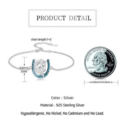 925 Sterling Silver Horse Head & Turquoise Inlay Horseshoe Charm Bracelet for Women