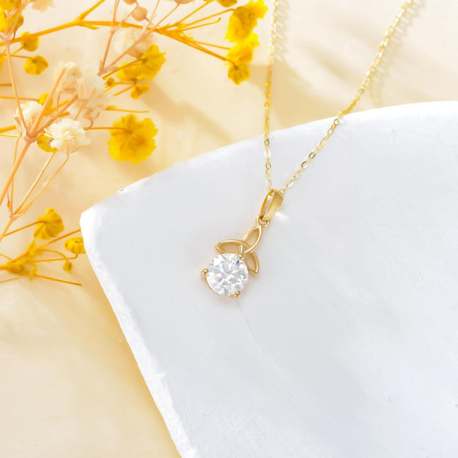 14K Gold Trinity Knot Round Cut Moissanite Solitaire Pendant Necklace for Women