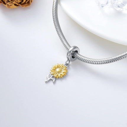 925 Sterling Silver Sunflower Charm for Bracelet Birth Flower Daisy Lily Rose Month Flower Bead Charm with Name Synthetic Birthstone Month Flower Charm Gift for Women