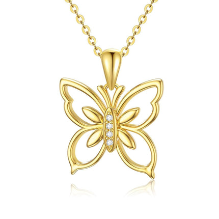 14K Gold Natural Diamond Butterfly Pendant Necklace 16+2 inch Chain for Women