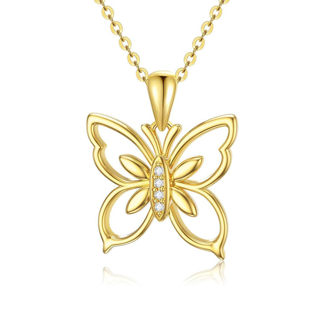 14K Gold Natural Diamond Butterfly Pendant Necklace 16+2 inch Chain for Women
