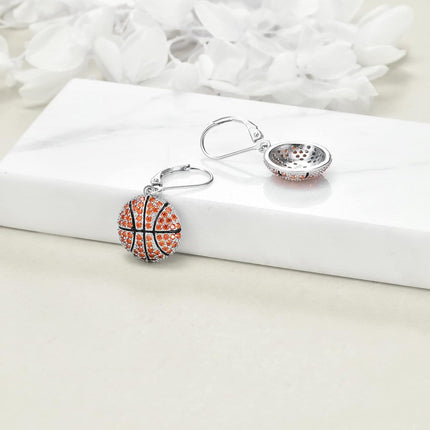 925 Sterling Silver Basketball Dangle Earrings with Orange Crystal Accents for Sport Lovers Gift
