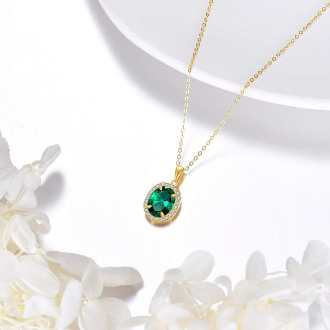 14K Yellow Gold Lab-Created Emerald & Zirconia Oval Pendant Necklace