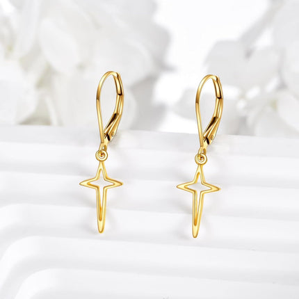 14K Gold Star Drop Dangle Leverback Earrings with Diamonds for Women Christian s
