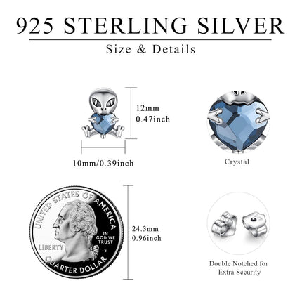 925 Sterling Silver Blue Heart Alien Stud Earrings for Women Girls