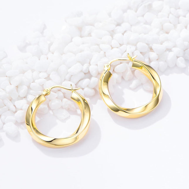 14K Gold Twisted Round Hoop Earrings for Women - Shiny Polished Lightweight 12-50mm