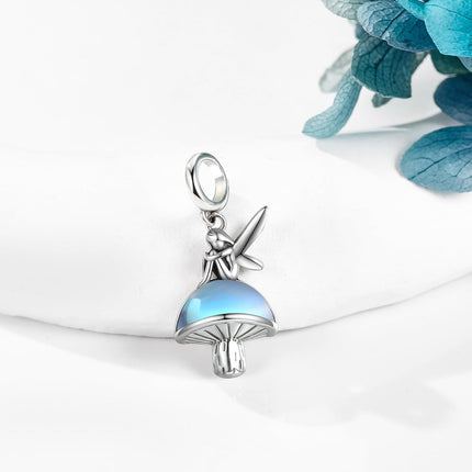 925 Sterling Silver Blue Crystal Mushroom Fairy Pendant Charm Bracelet for Women and Girls