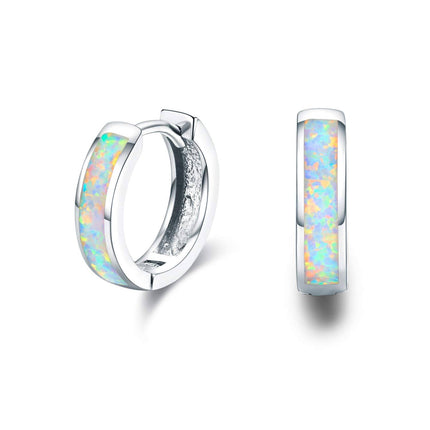 925 Sterling Silver Simulated Opal Hoop Earrings for Women Hypoallergenic Huggie Hinged Hoops Colorful Jewelry Gift