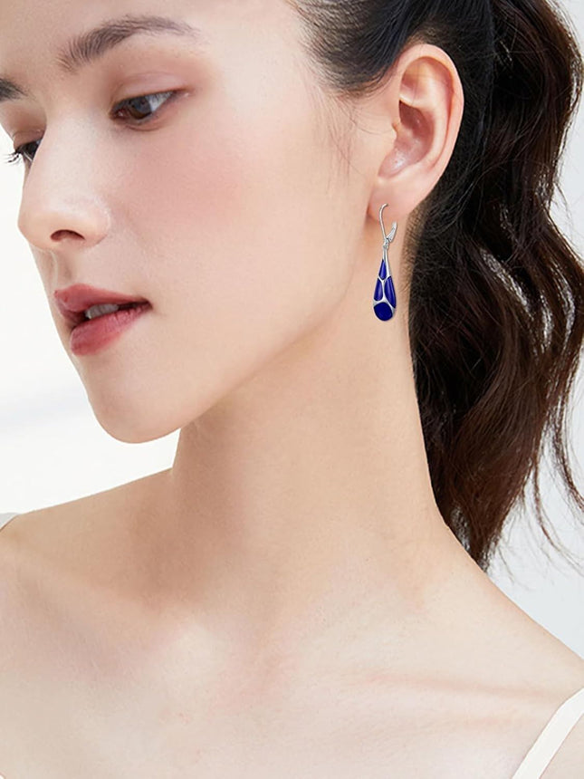 925 Sterling Silver Blue Enamel Tear Drop Leverback Earrings for Women Gift Ideas