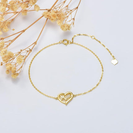 14K Gold Mom Heart Charm Bracelet for Women & Grandmas