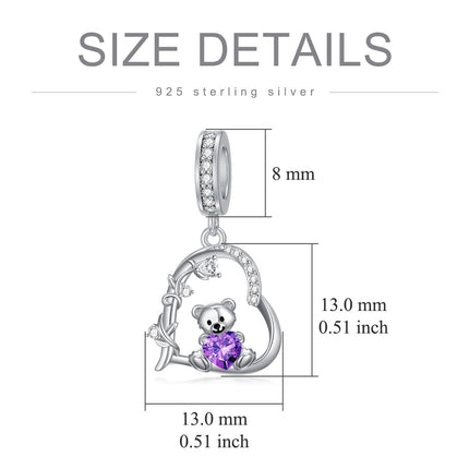 925 Sterling Silver 12 Month Birthstone Teddy Bear Charms Bracelet Jewelry Gifts