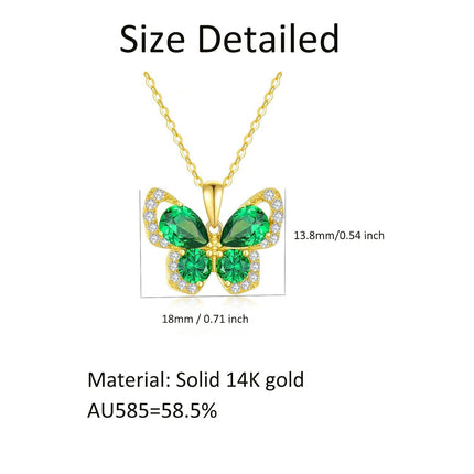 14K Gold Green Crystal Butterfly Pendant Necklace for Women - 28cm Chain Length