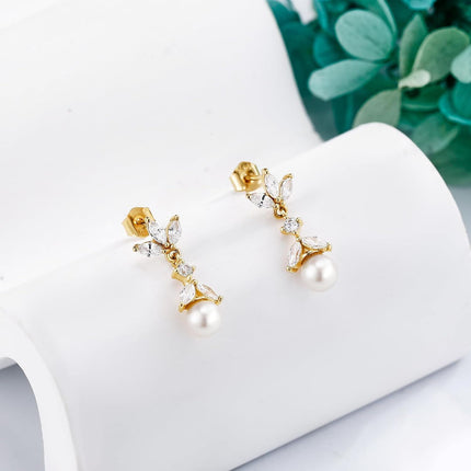 14K Gold Pearl Flower Drop Dangle Earring for Women Girls