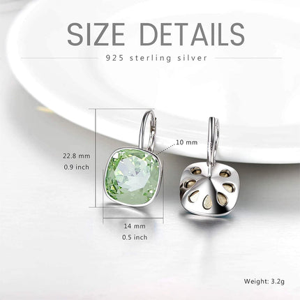 925 Sterling Silver Green Cushion Cut Austrian Crystal Leverback Earrings Hypoallergenic Gift for Her