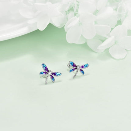 925 Sterling Silver Purple Blue Enamel Dragonfly Stud Earrings  for Women