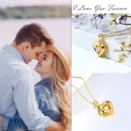 18K Gold Heart Shaped Pendant with Diamond Accent Necklace for Women - 18K Gold Set