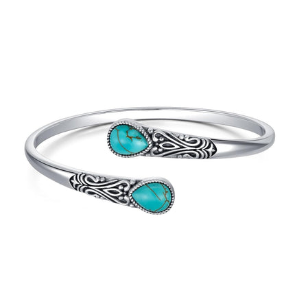 925 Sterling Silver Turquoise Gemstone Carved Adjustable Bohemian Cuff Bracelet