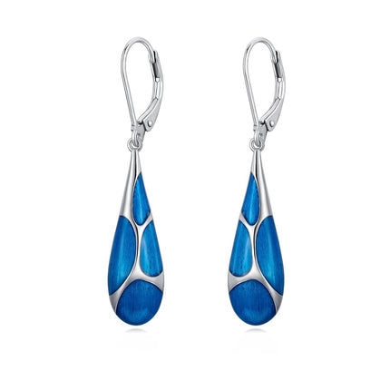 925 Sterling Silver Blue Enamel Tear Drop Leverback Earrings for Women Gift Ideas